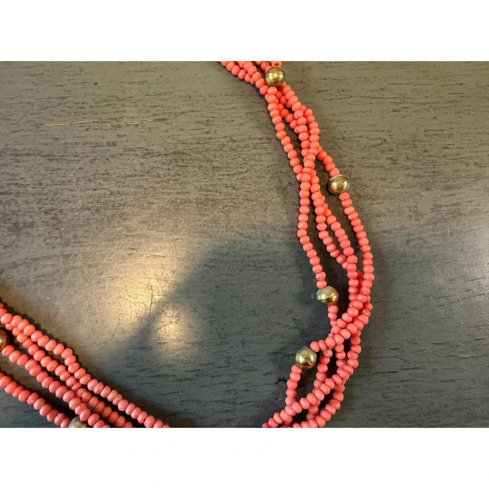 Vintage Multi Strand Coral Pink Seed Bead Hammered Gold Tone Pendant Necklace